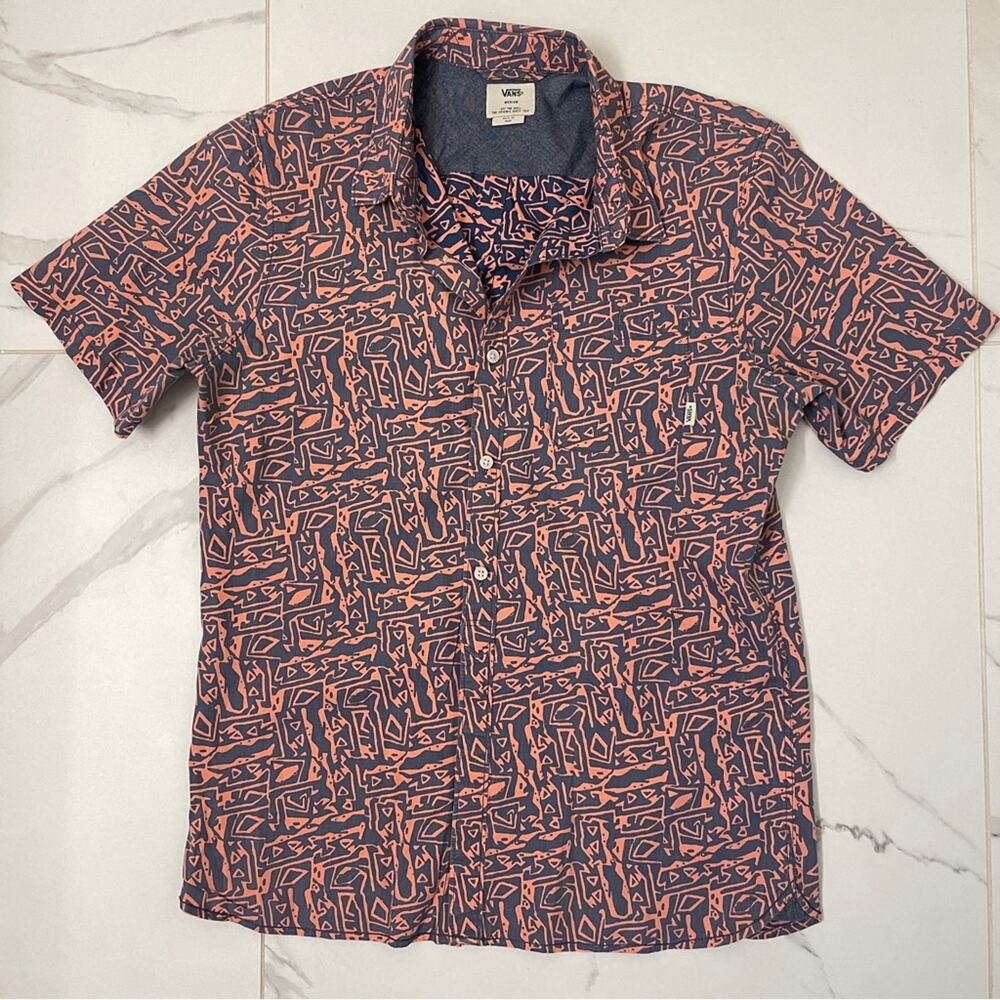 Men’s Vans T-shirt Button Up Orange & Blue Design Skater Fit Size: M